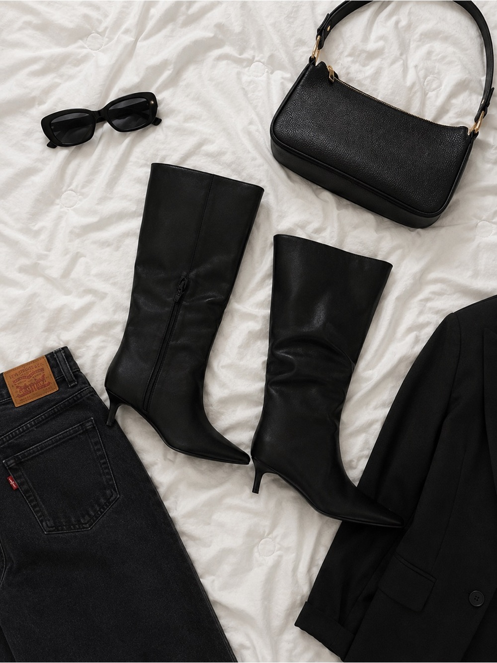 Sleek Black Mid-Calf Pointed-Toe Kitten Heel Boots